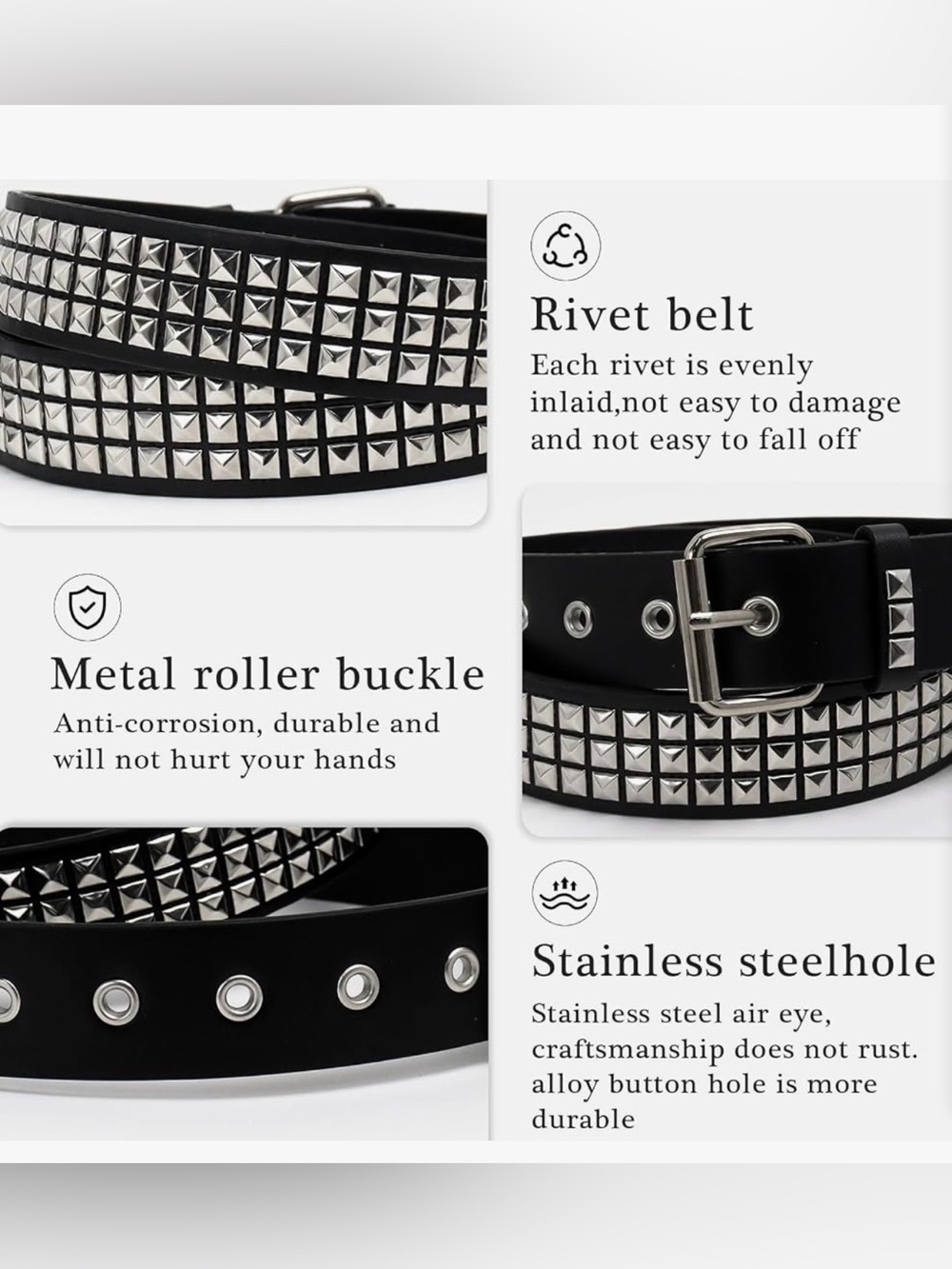 3pc Black Studded & Star Grommet Belt Set - Silver Hardware - Picture 4 of 5